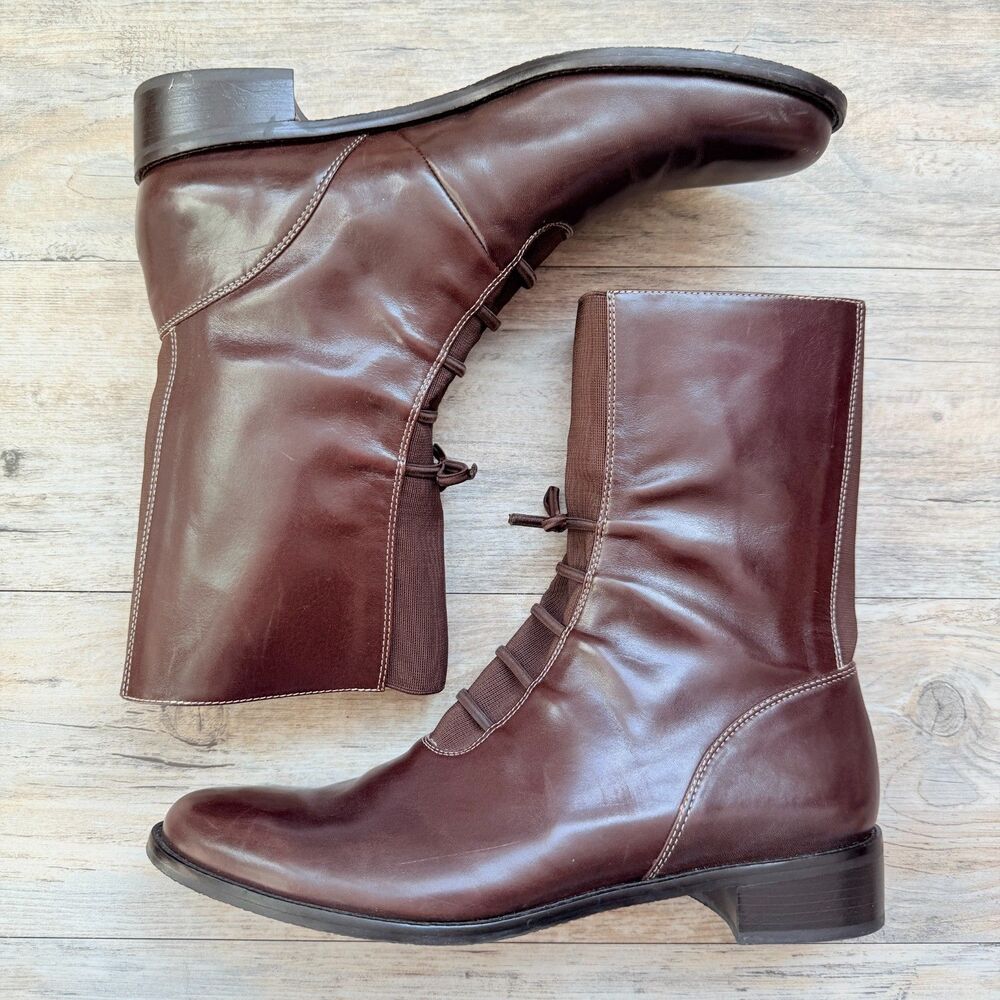 Brown Leather Lace Up Boots Size 11M Laura Ashley Vintage Victorian Edwardian